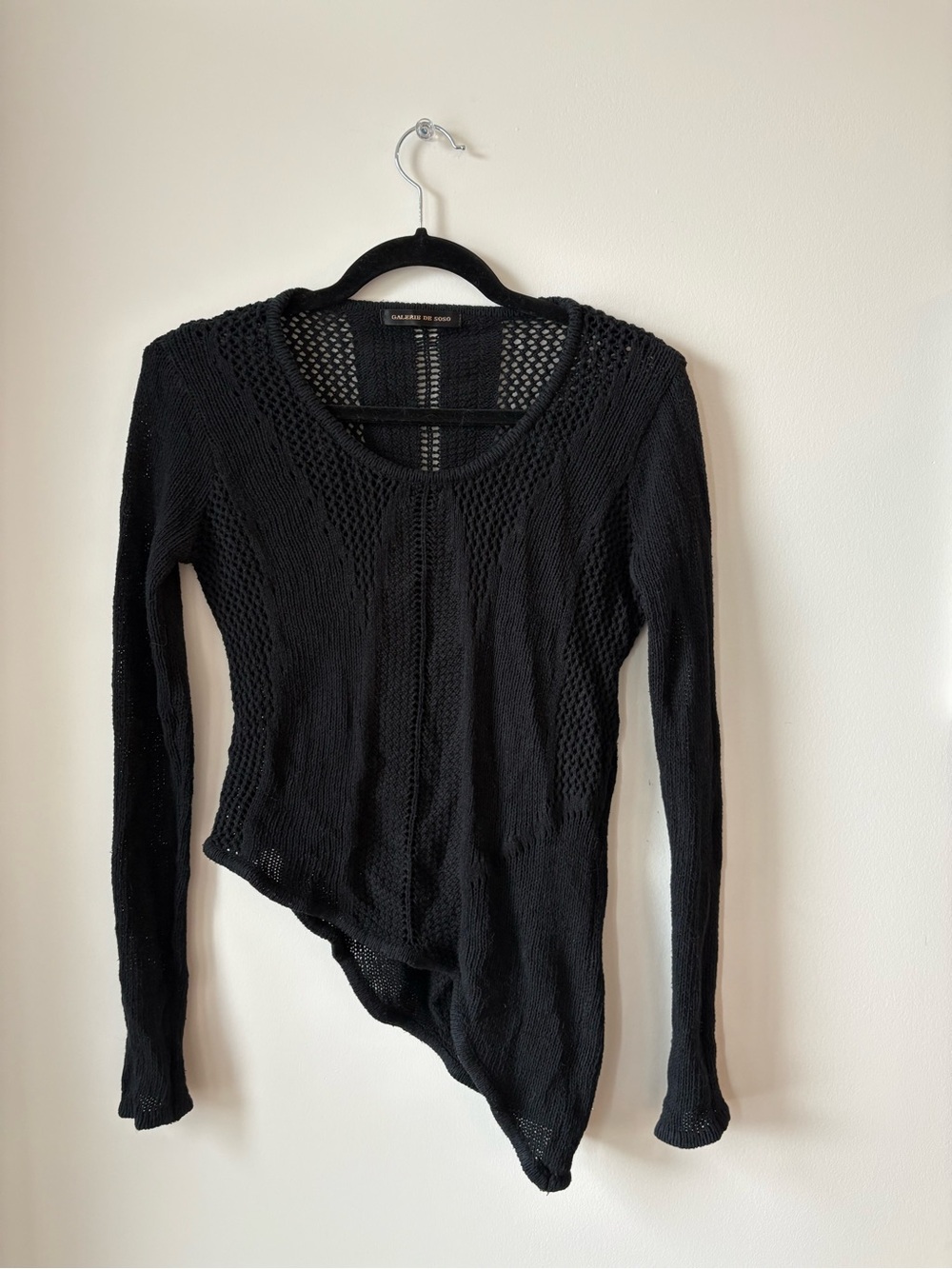 Black Asymmetrical Open-Knit Long Sleeve Top